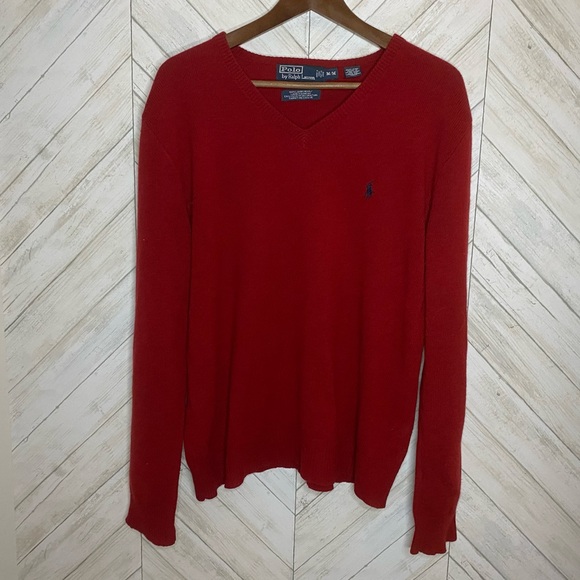 Polo Ralph Lauren blue label red v neck lambs wool sweater - Picture 1 of 5